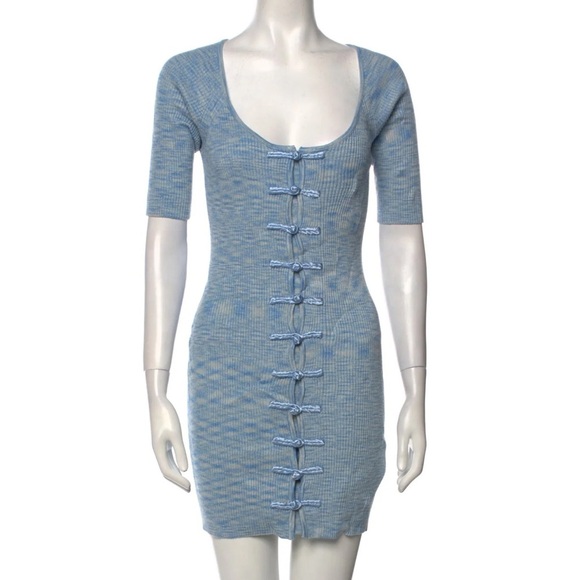 LPA Blue Knit Woven Ribbed Bodycon Tie Front Short Sleeved Scoop Neck Mini Dress - Picture 13 of 15
